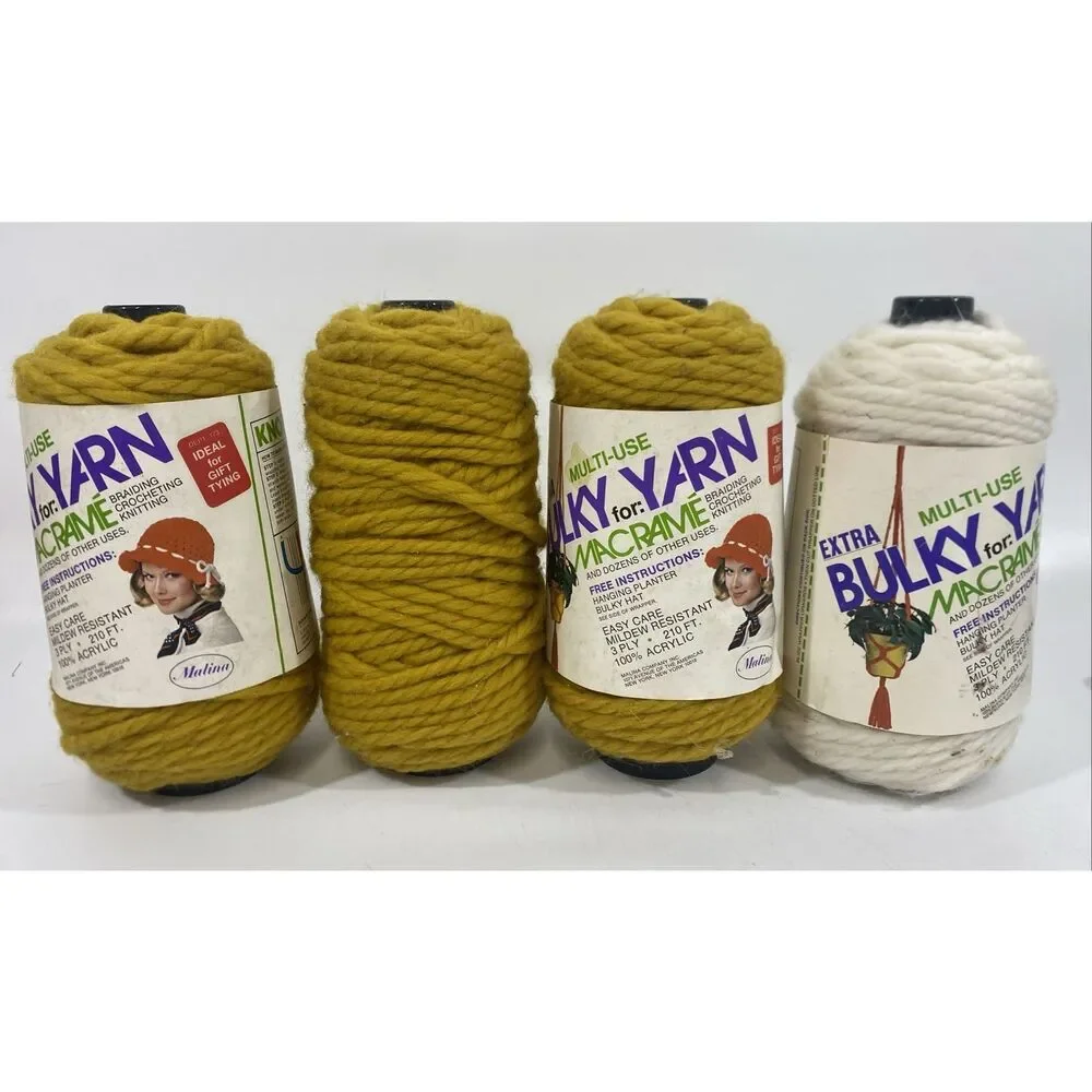 Vintage Lot Of (4)‎ Malina Acrylic Extra Bulky Yarn For Macrame Yellow & White